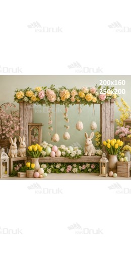 Tło fotograficzne „Wiosenny kącik z króliczkami i pastelowymi dekoracjami” | E607